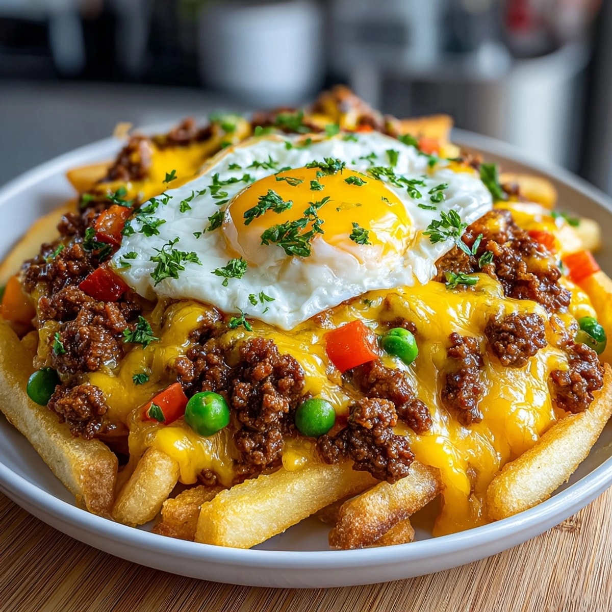 Close up of golden Shepherd's Pie Loaded Fries with melted cheese and parsley.