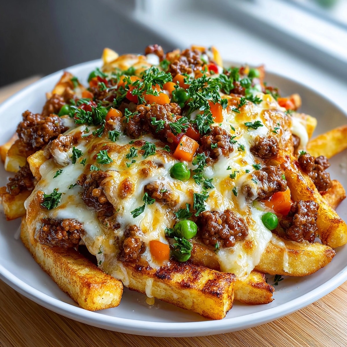 Crispy Shepherd's Pie Loaded Fries oozing cheese and savory meat sauce, a comforting bite.