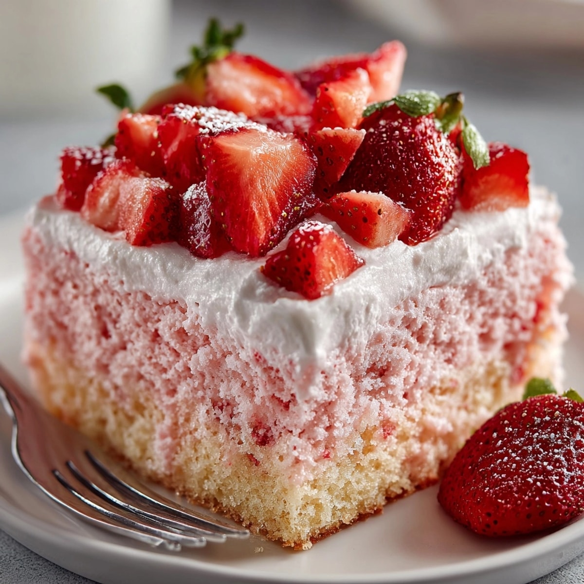 Strawberry Milkshake Sheet Cake Squares, moist and pink, just out of the oven.