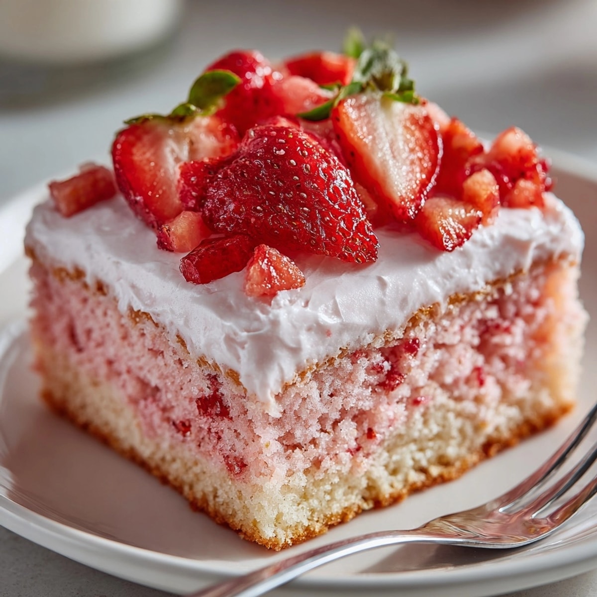 Frosted Strawberry Milkshake Sheet Cake Squares, ready for a potluck dessert.