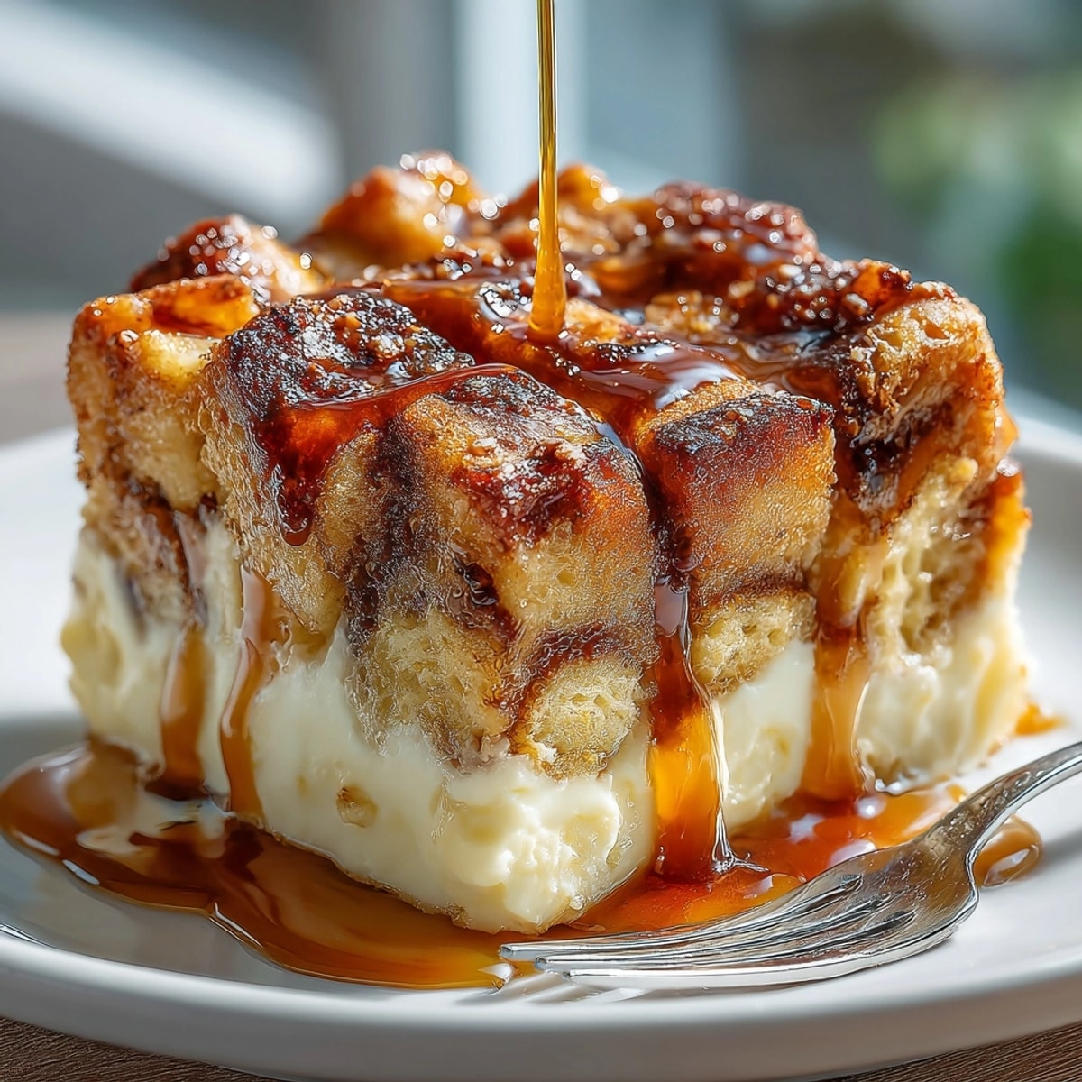 Warm, gooey Cinnamon Toast Bread Pudding with Caramel Sauce, perfect for a cozy brunch.