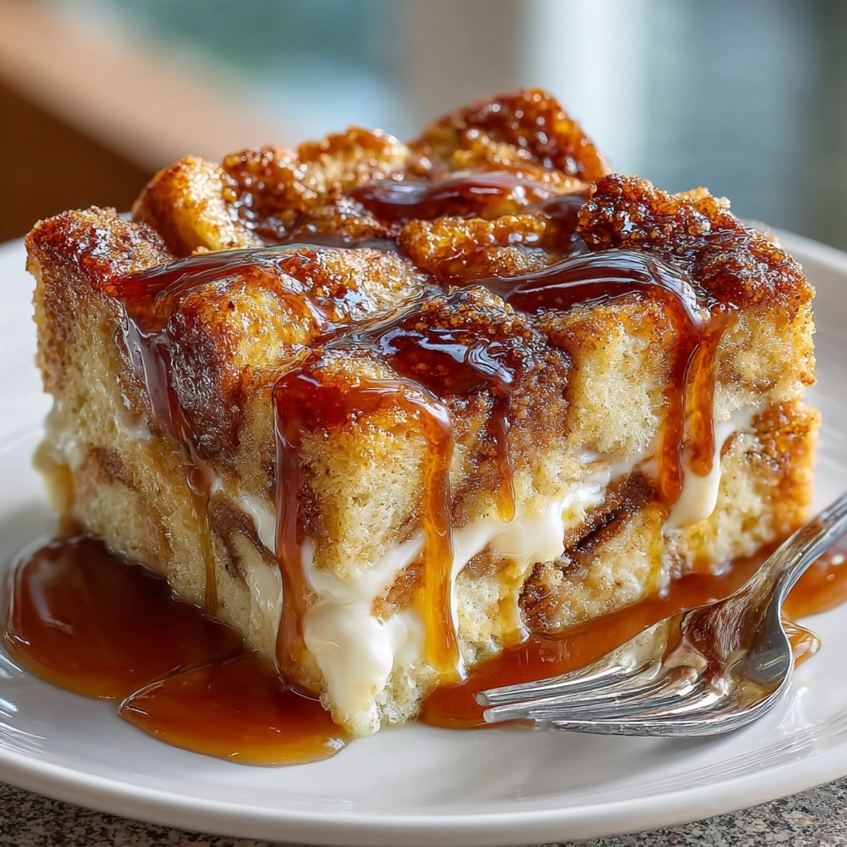 Golden Cinnamon Toast Bread Pudding recipe, topped with luscious, dripping homemade caramel sauce.