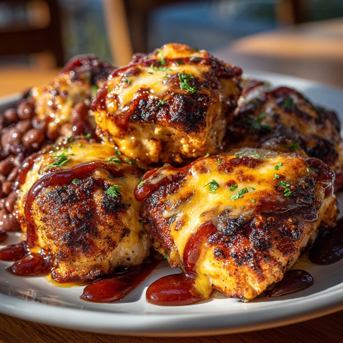 Cheesy BBQ Chicken Bake with Smoky Pinto Beans bubbling hot, ready for a family dinner.