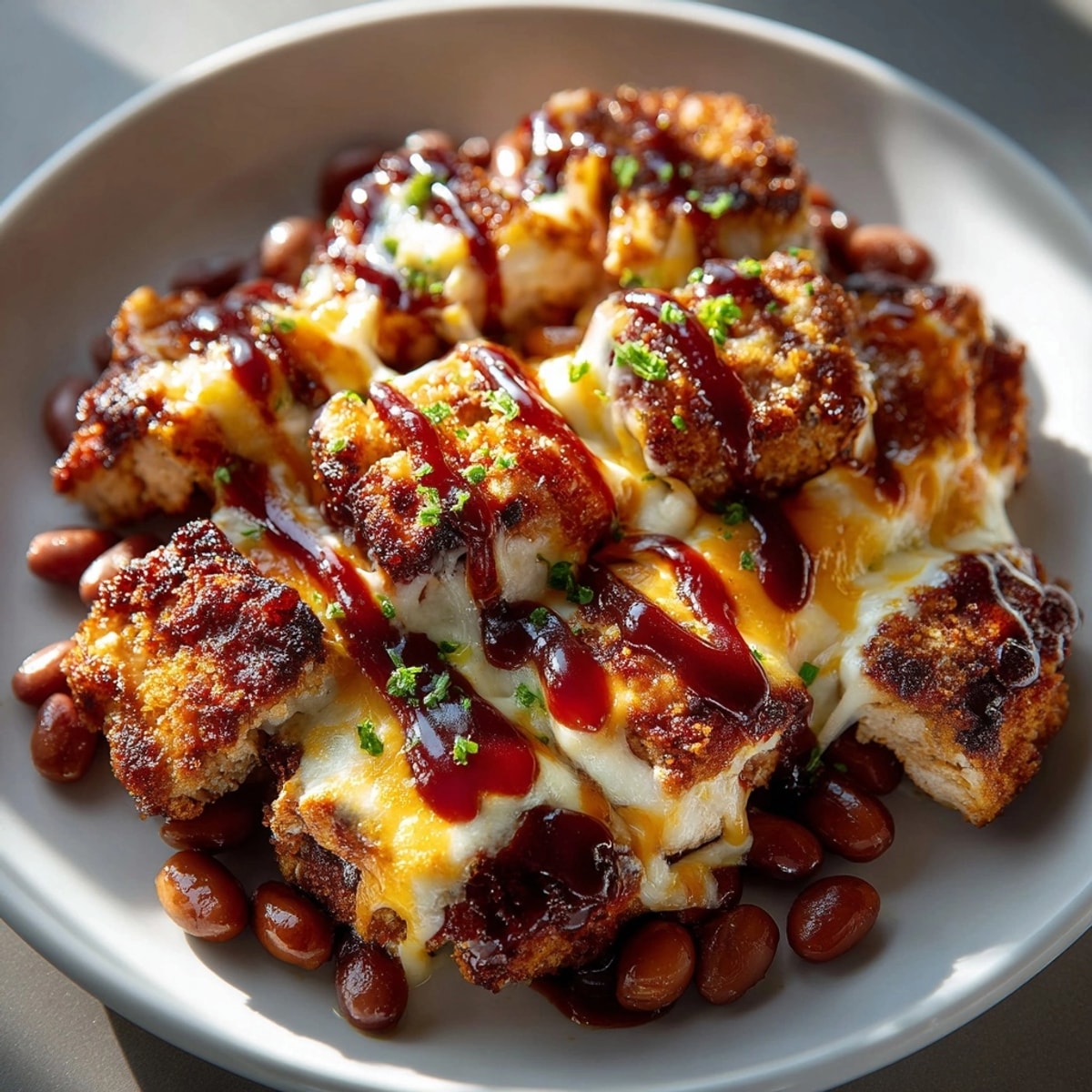 Mouthwatering Cheesy BBQ Chicken Bake with Smoky Pinto Beans, a cheesy, smoky, and satisfying meal.