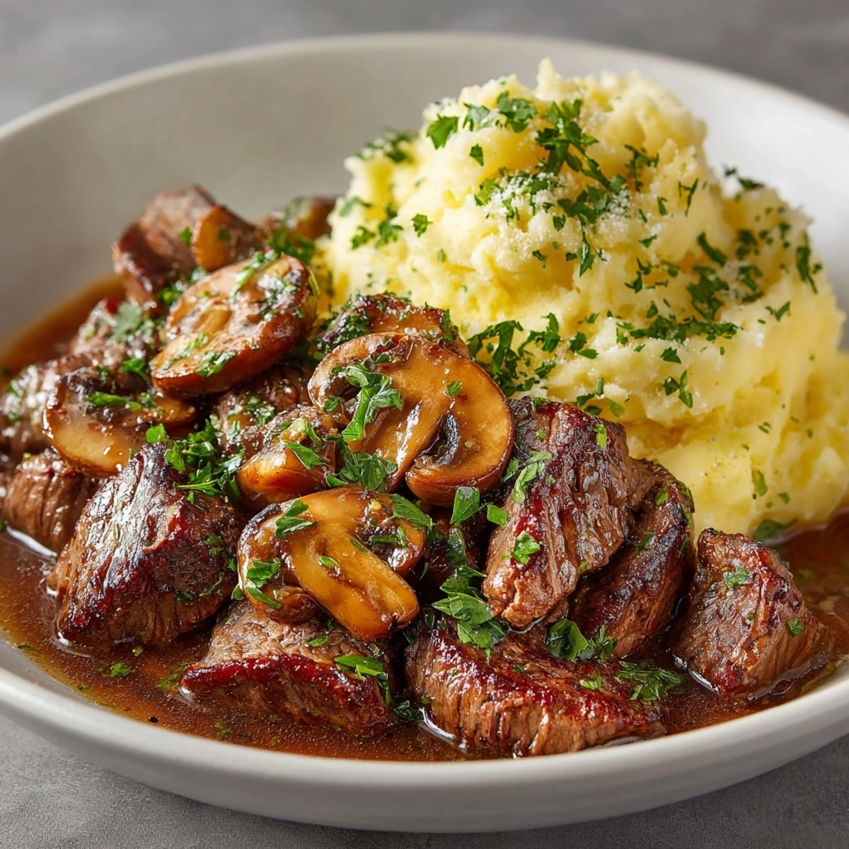 Creamy Classic Beef Stroganoff with Roasted Garlic Mash, ready to savor on a plate.