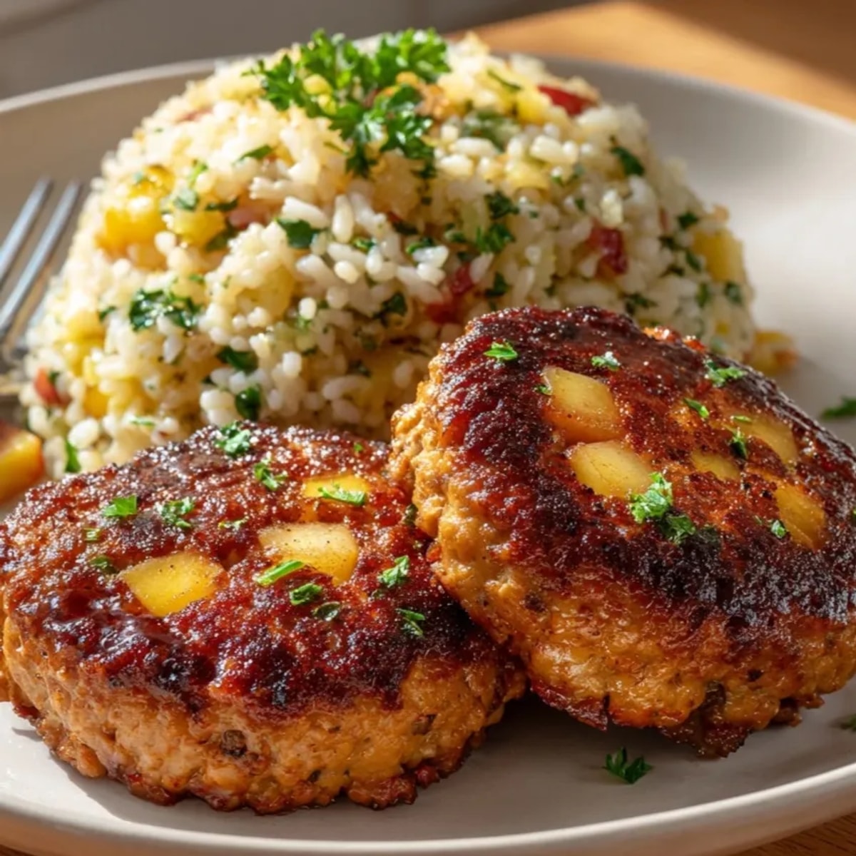 Maple Apple Turkey Sausage Patties over fluffy herbed rice, savory autumnal comfort.