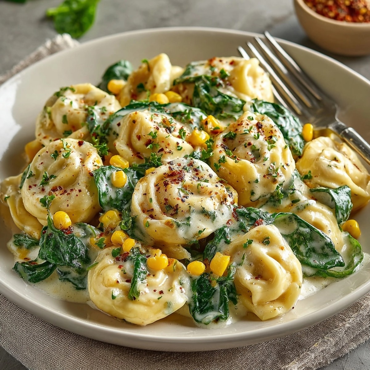 Creamy Sweet Corn & Spinach Tortellini Skillet, bubbling hot with golden cheese, ready to serve.