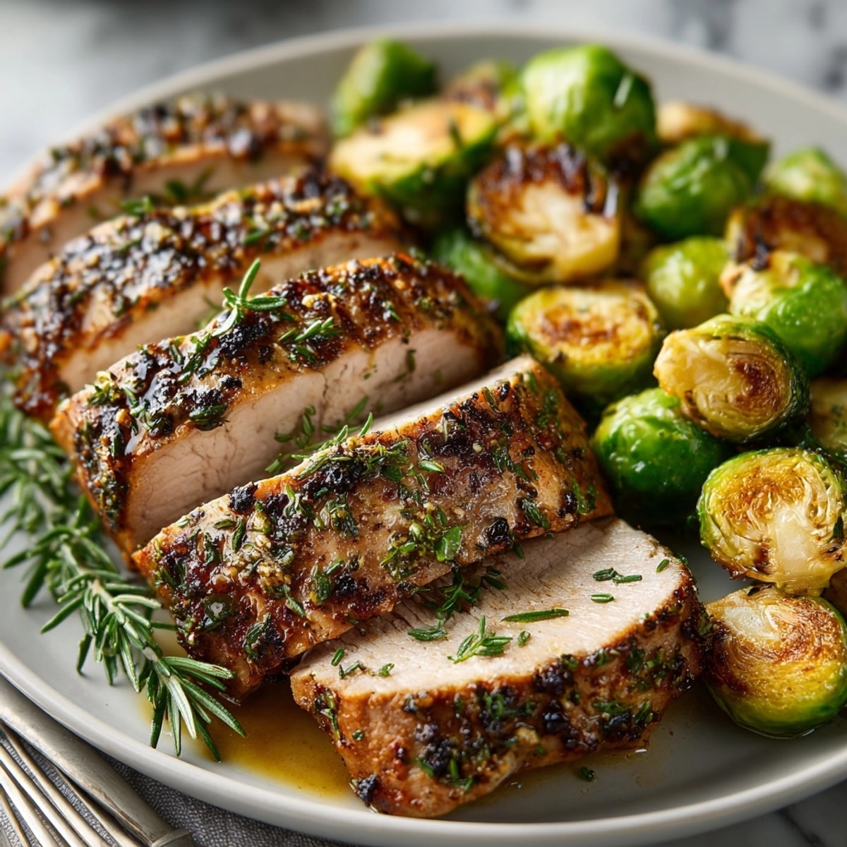 Herb-Roasted Pork Loin, golden brown and fragrant, next to crispy, caramelized Brussel sprouts.