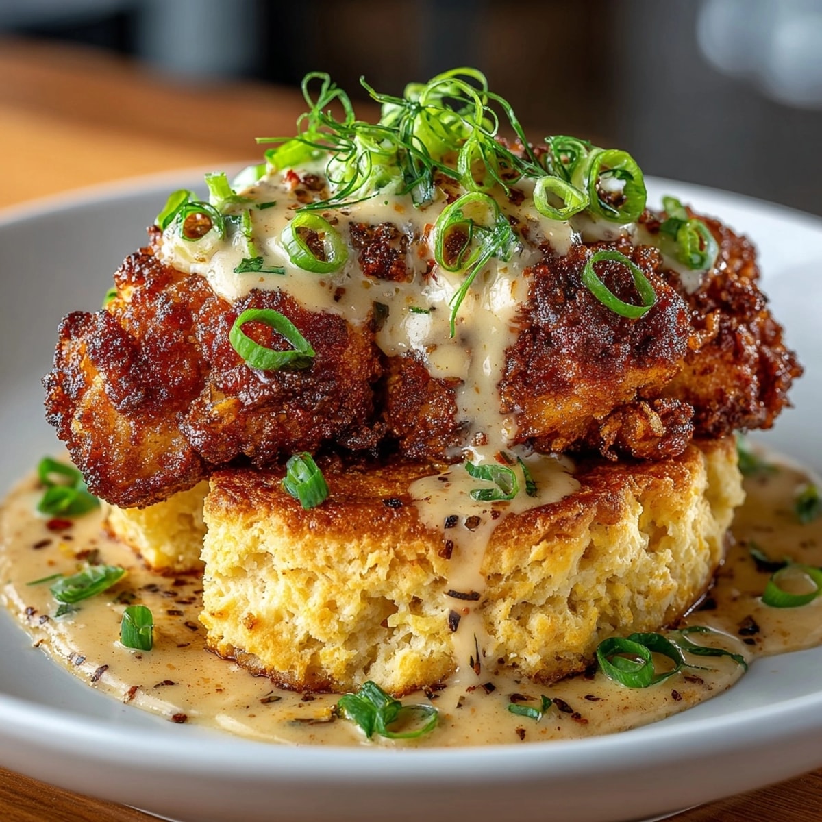 Golden, crispy Southern Buttermilk Chicken & Cheddar Biscuits, fresh from the oven, ready to eat.
