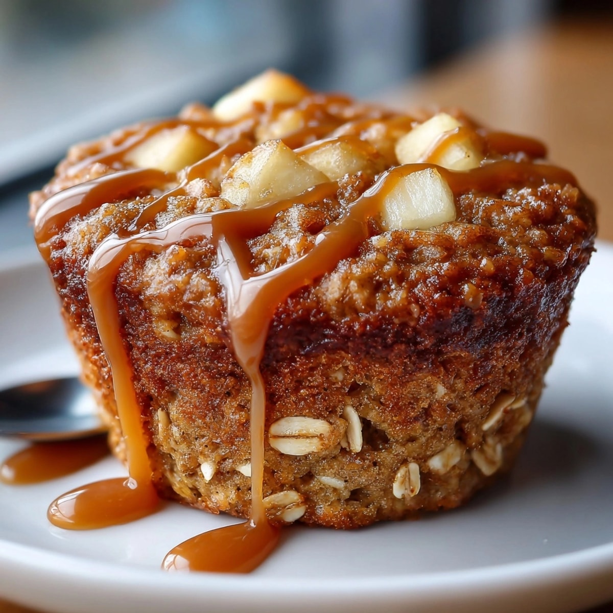 Warm, moist Caramel Apple Oatmeal Muffins, flecked with cinnamon and drizzled with caramel.