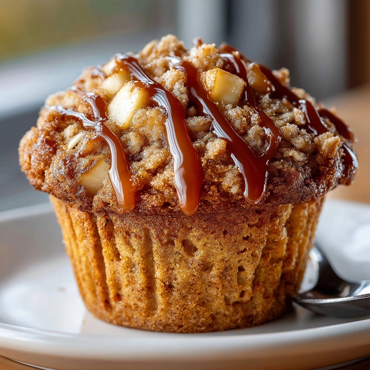 Golden Caramel Apple Oatmeal Muffins, a comforting breakfast treat, fresh from the oven.
