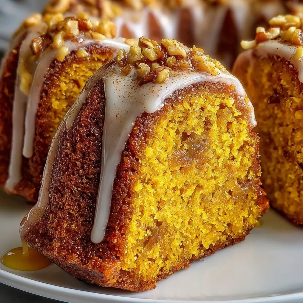 Golden Autumn Pumpkin Maple Bundt Cake, moist crumb, ready for a cozy fall brunch.
