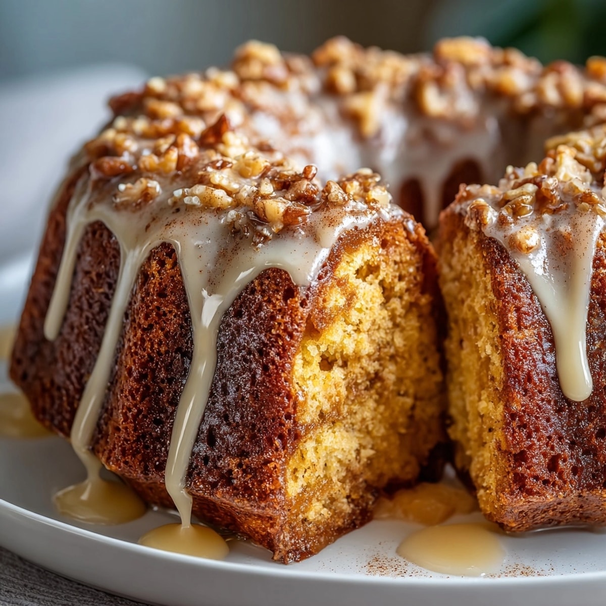 Slice of beautiful Autumn Pumpkin Maple Bundt Cake, drizzled maple glaze, perfect dessert.