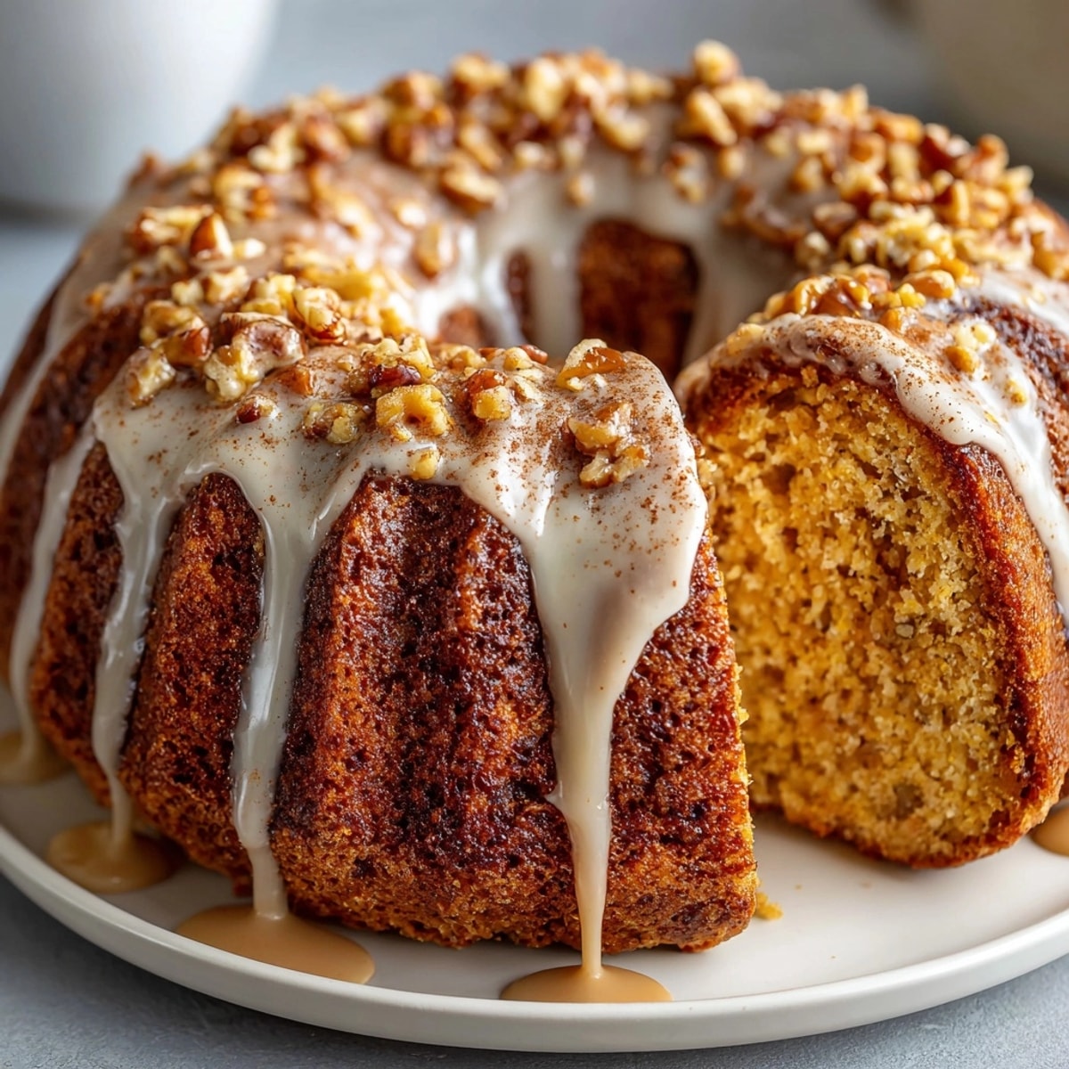 Homemade Autumn Pumpkin Maple Bundt Cake recipe—spiced aroma, inviting warmth from oven.
