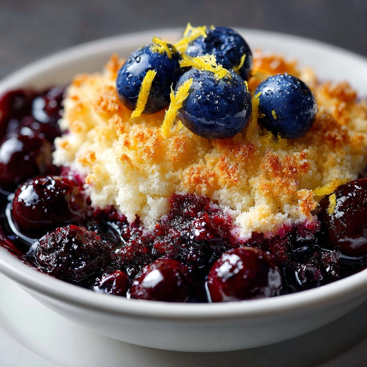 Warm, juicy Spring Lemon Blueberry Cobbler with a crispy, biscuit topping, served with ice cream.