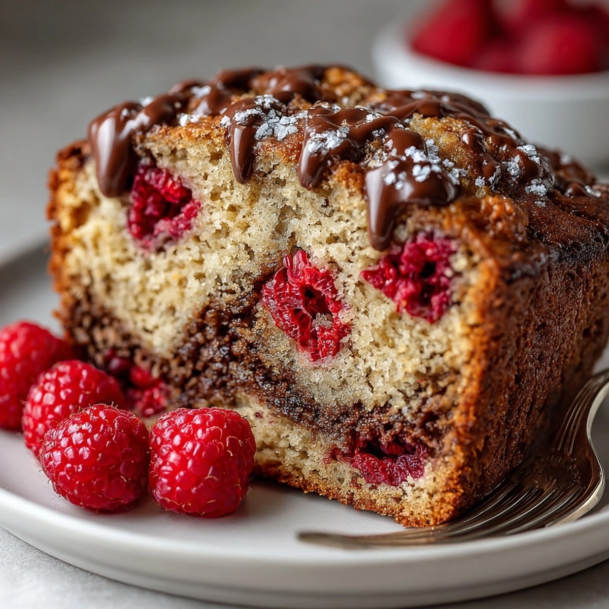 Moist Raspberry Chocolate Swirl Banana Bread, baking in a warm oven, smells heavenly.