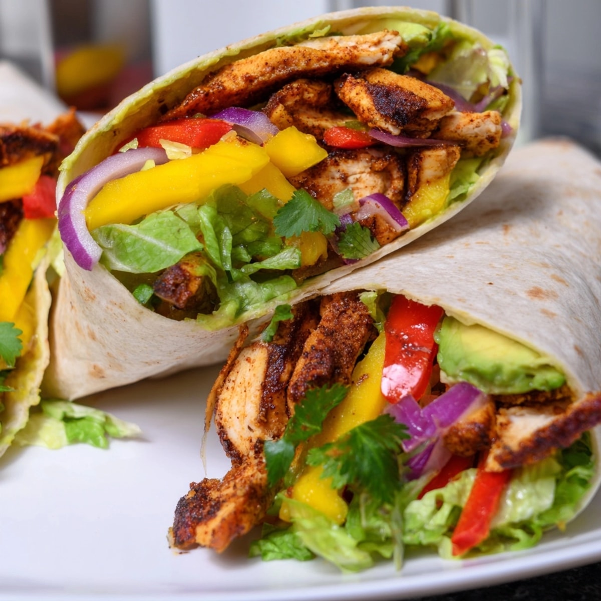 Mango Avocado Chicken Burritos: Fresh mango and creamy avocado highlight this vibrant chicken wrap.