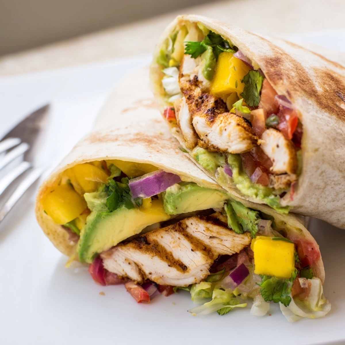 Flavorful Mango Avocado Chicken Burritos ready to eat: a fusion of sweet and savory goodness.