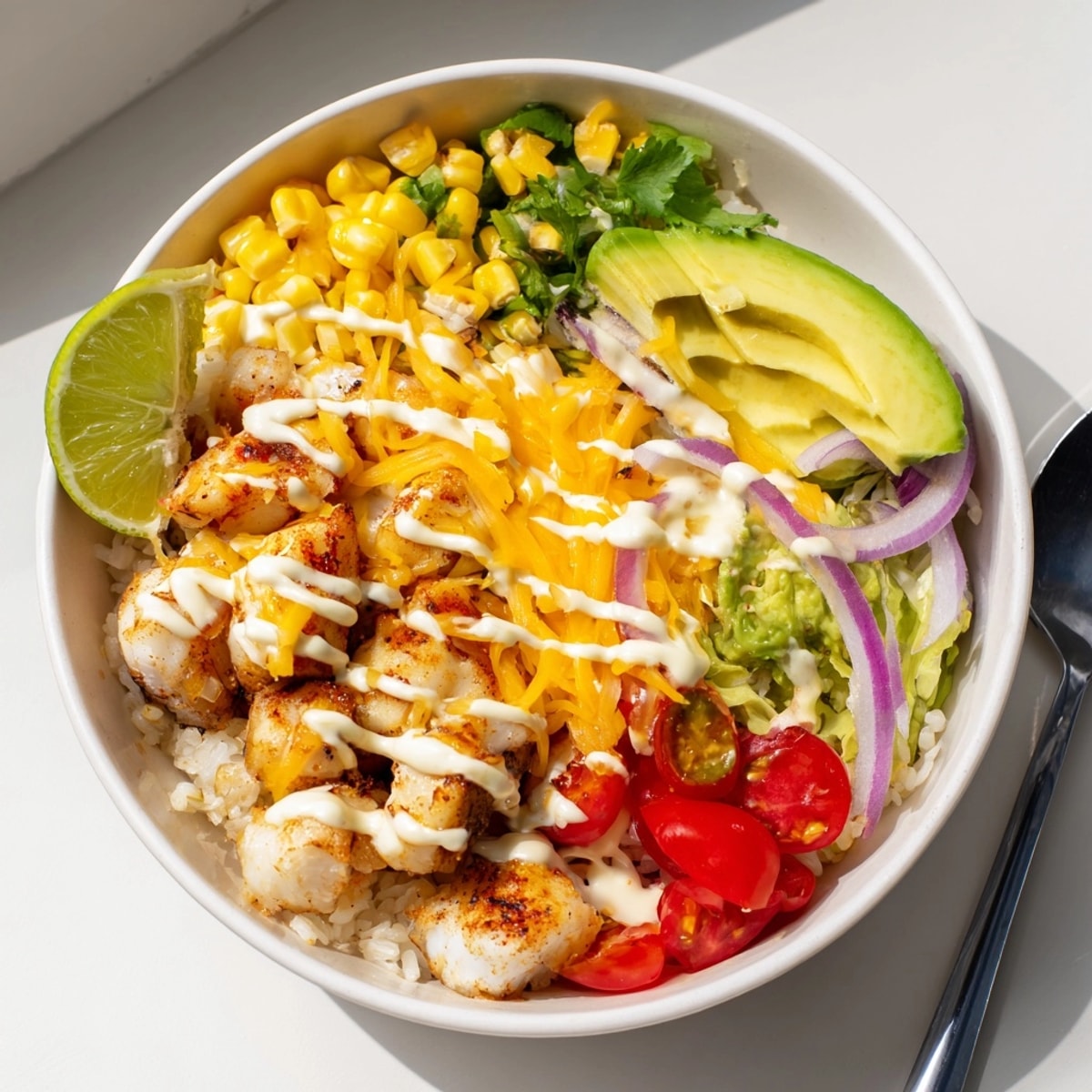 Close-up of vibrant Cheesy Cajun Fish Taco Bowls, a delicious weeknight dinner.