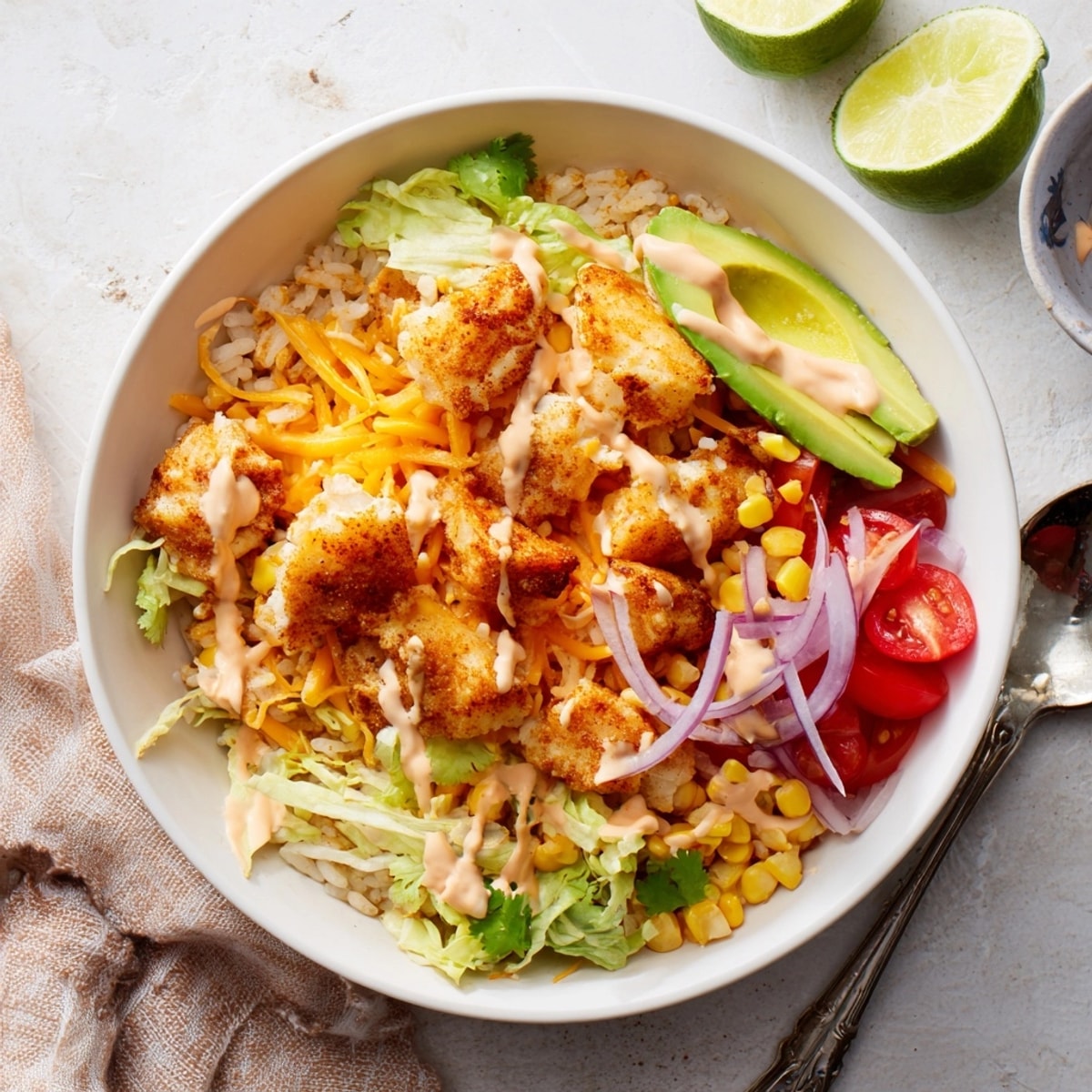 Homemade Cheesy Cajun Fish Taco Bowls: A colorful, textured explosion of flavor in every bite.