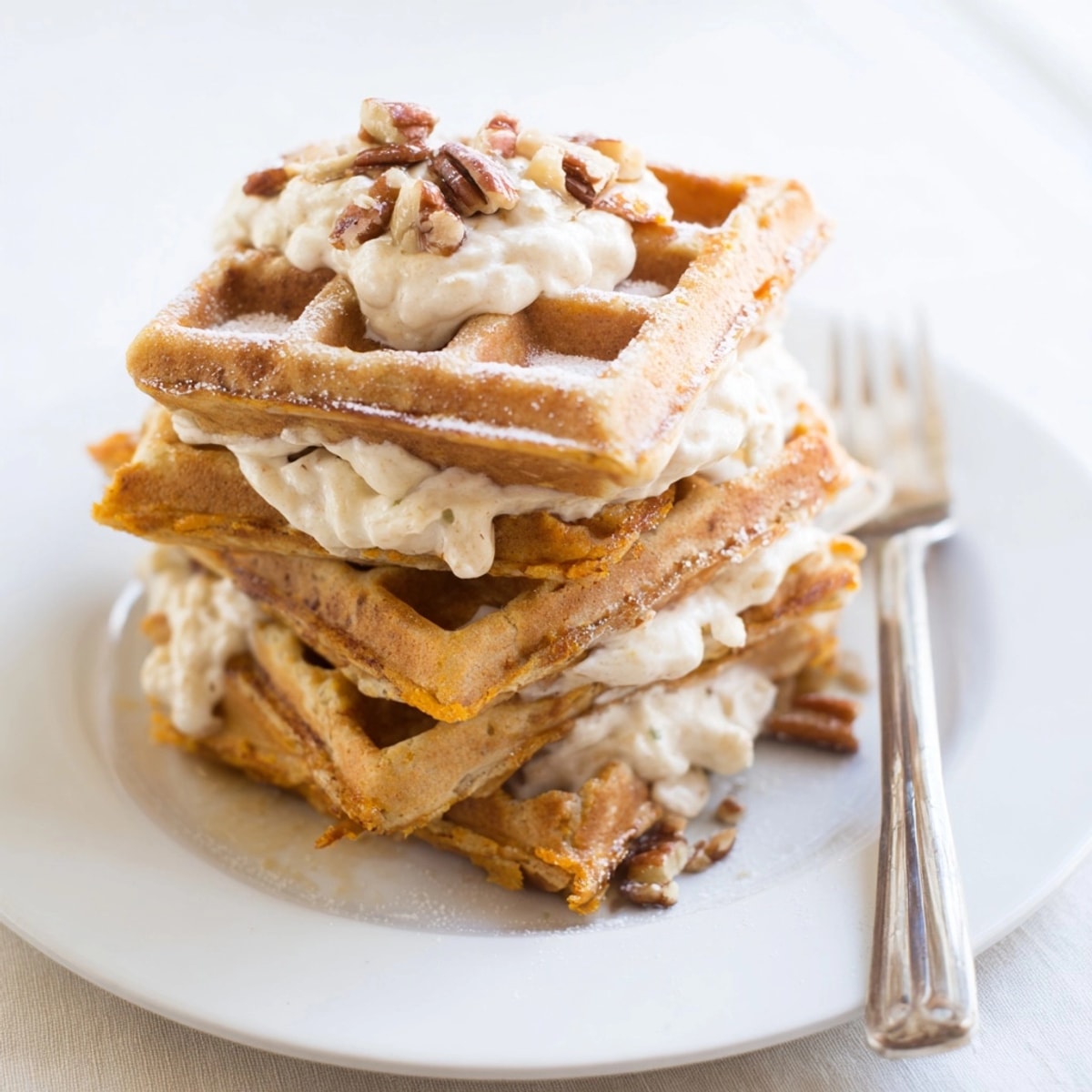 Golden Ricotta Pumpkin Waffle Stacks, a warmly spiced brunch dream drizzled with maple.
