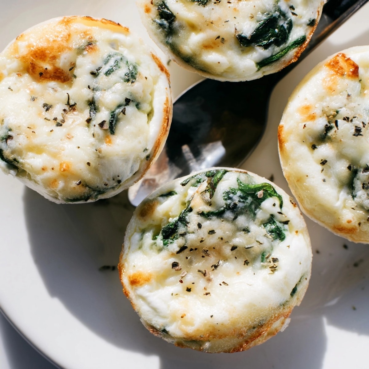 Delicious bubbling cheese tops these Garlic Butter Spinach Egg Cups, baking for brunch.