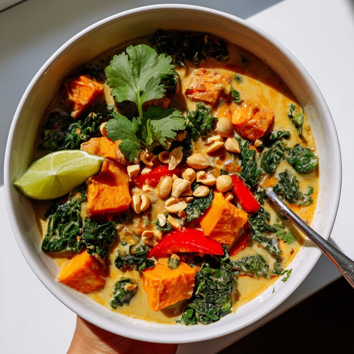 Fragrant Thai Peanut Kale Veggie Stew simmering, a colorful, vegan delight.