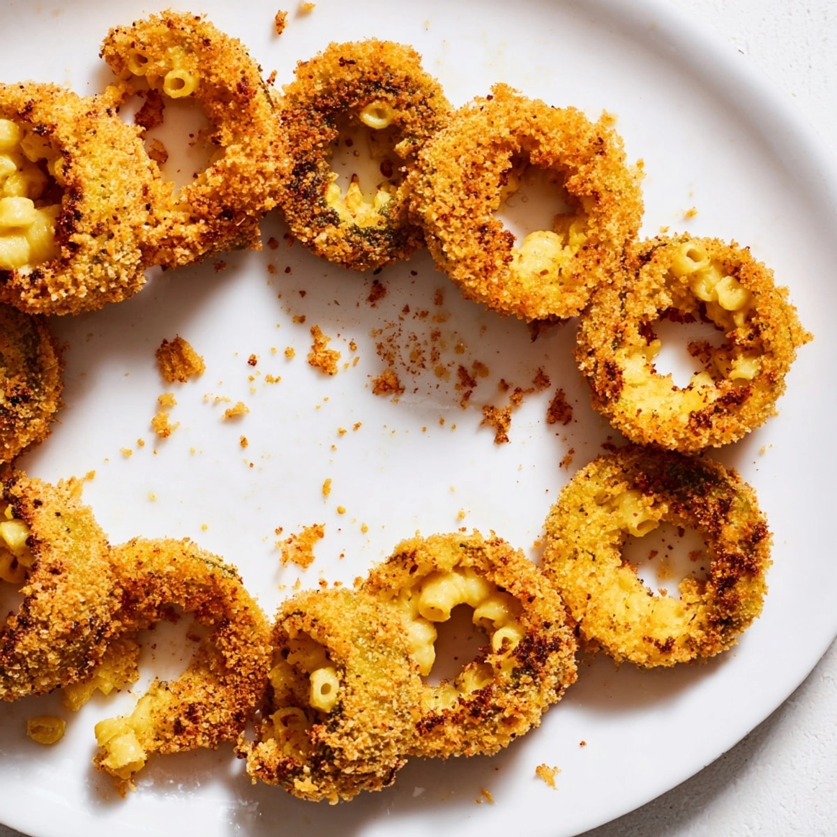 Close-up of golden, crispy Mac and Cheese Fried Pickle Rings, served hot with dipping sauce.