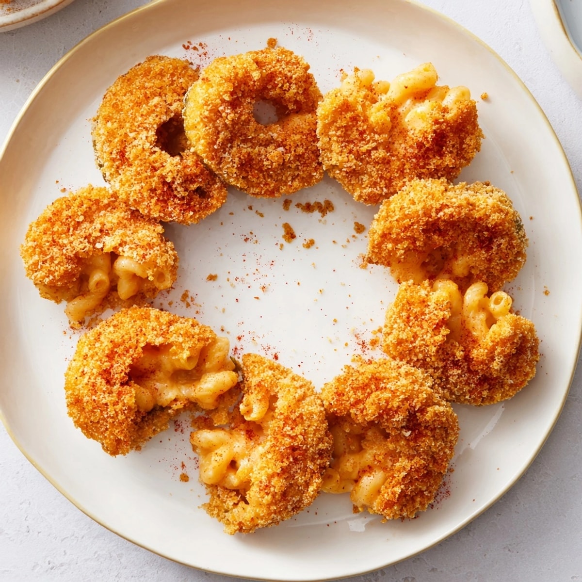 Stacked Mac and Cheese Fried Pickle Rings show the creamy filling, ready to eat.