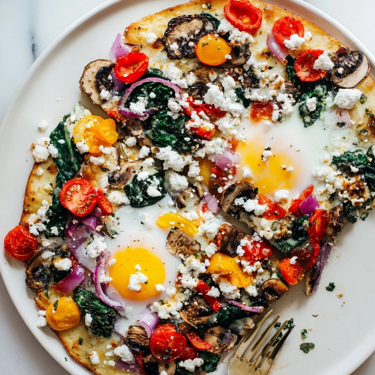 Sizzling homemade Garlic Herb Veggie Breakfast Pizza with runny egg yolks, ready to serve.