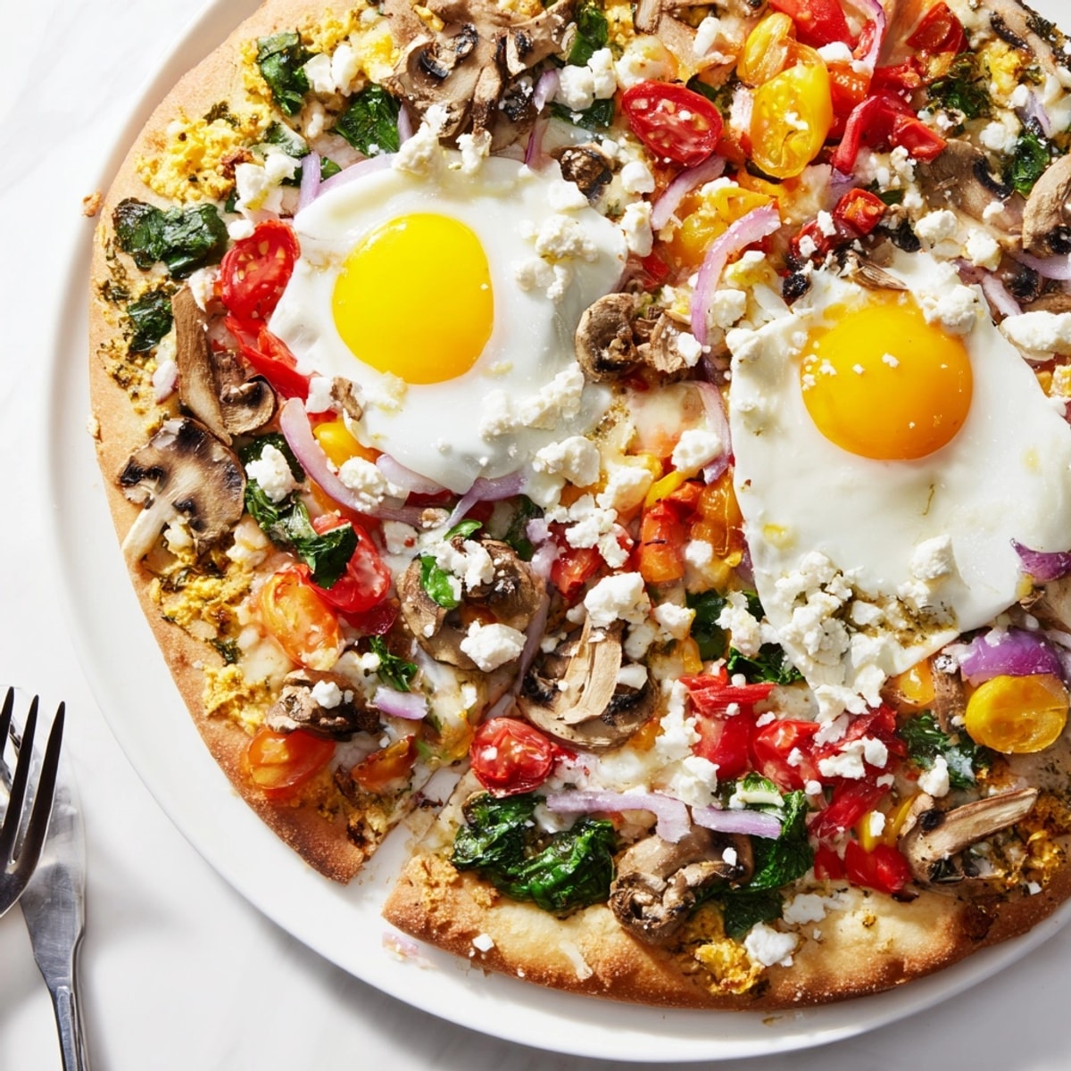 A warm, savory Garlic Herb Veggie Breakfast Pizza, a delicious, easy weekend brunch.