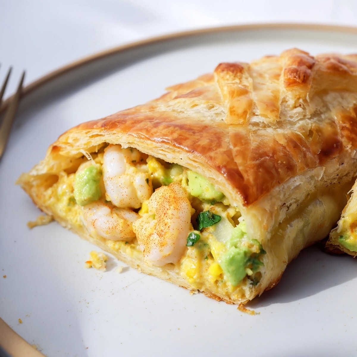 Golden Shrimp Avocado Cheddar Pockets, fresh from the oven, flaky and cheese-filled.