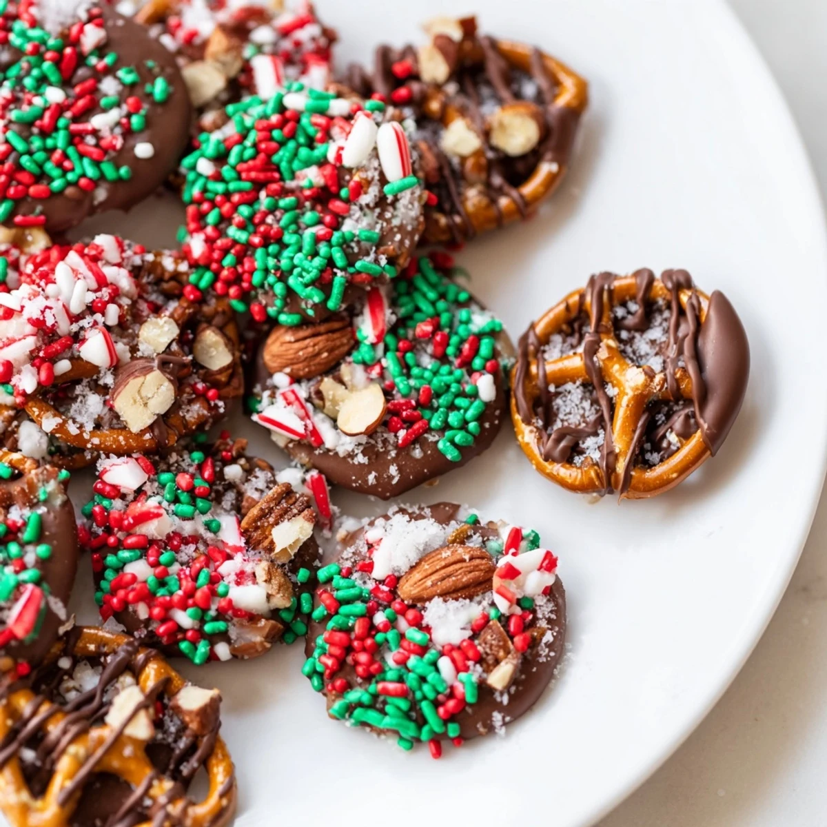 Crispy Holiday Snack Chocolate Pretzel Thins decorated with festive sprinkles and melted chocolate.