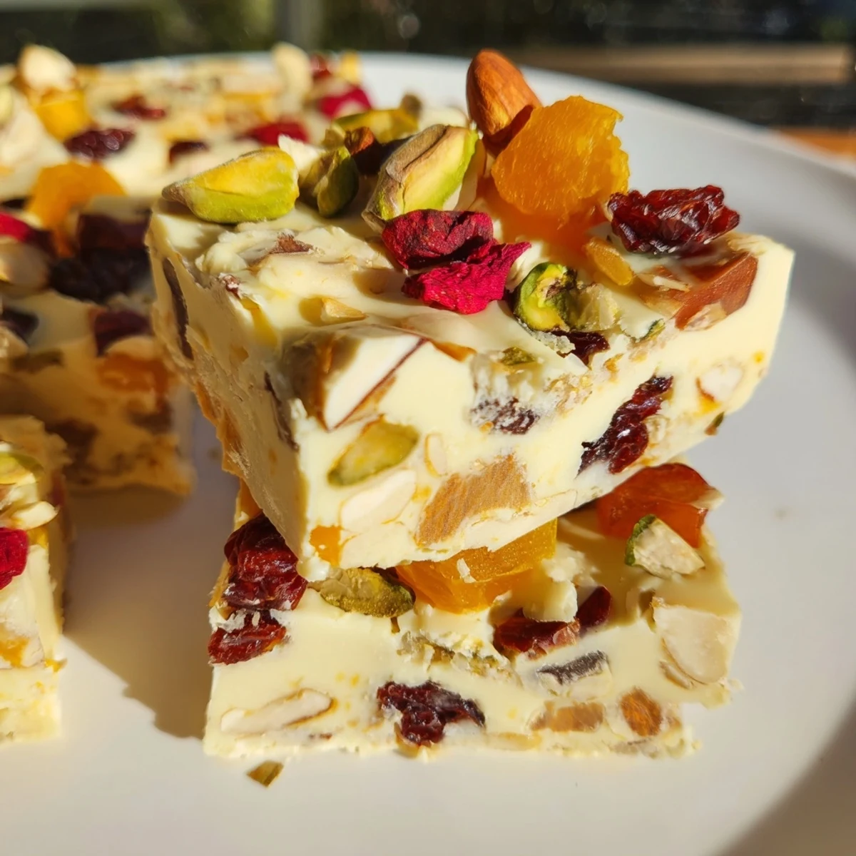 Decadent Charcuterie Board Sugar Cookie Fudge topped with vibrant fruits and nuts.  