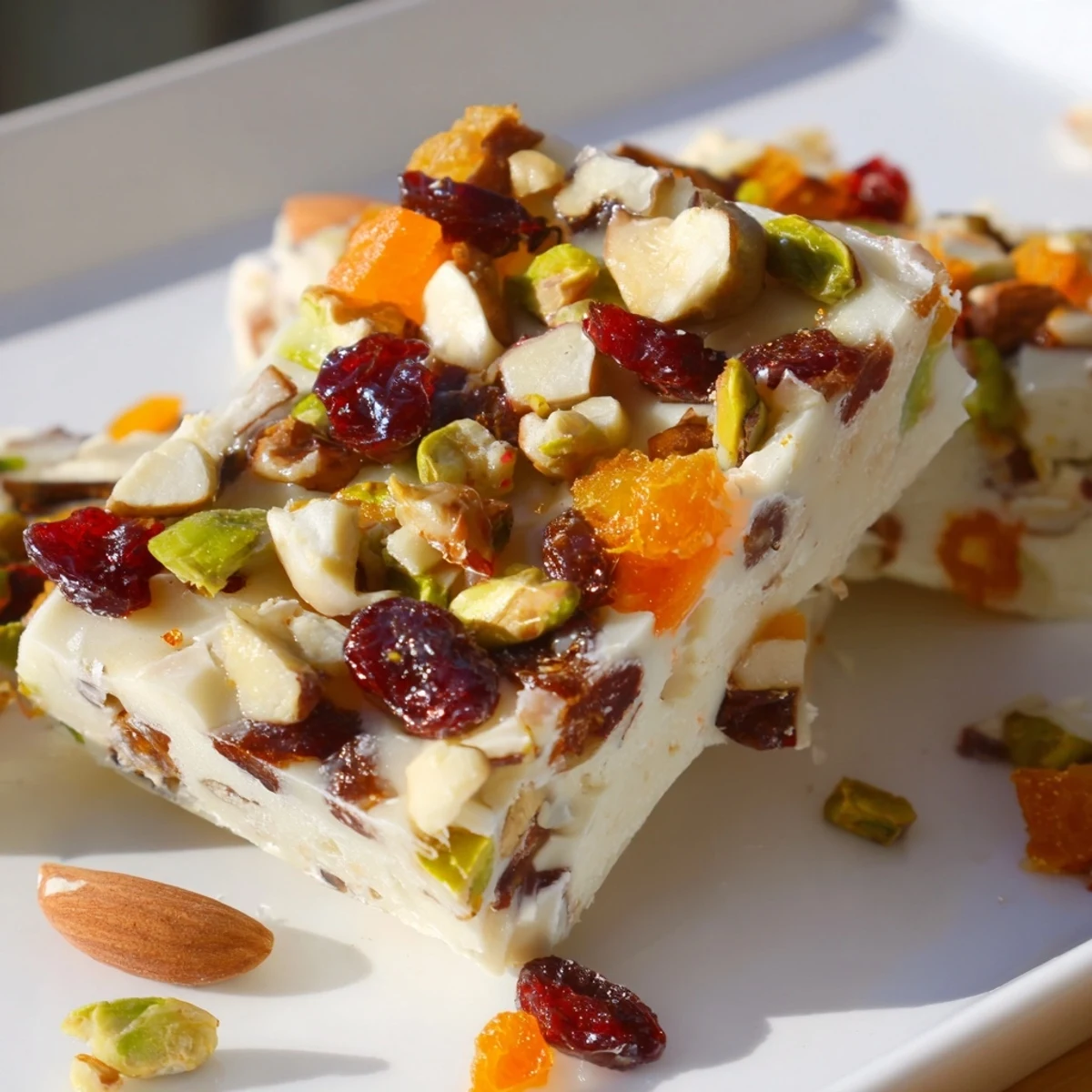 Colorful layers of Charcuterie Board Sugar Cookie Fudge arranged attractively for dessert.  