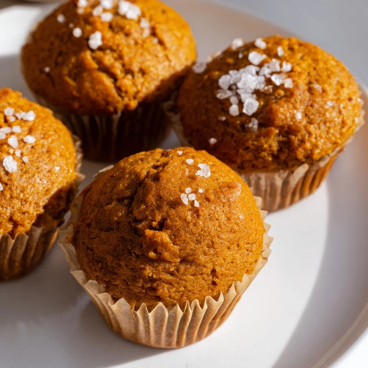 Moist pumpkin muffins with flaky salt, perfect for cozy autumn breakfasts and snacks.  
