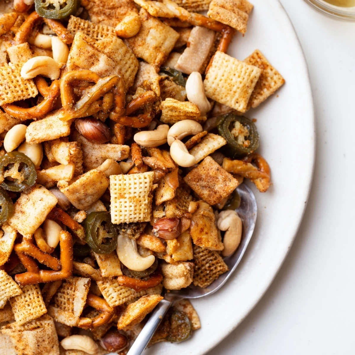 Crunchy pretzels and nuts in Spicy Jalapeño Holiday Snack Mix, bursting with flavor.  