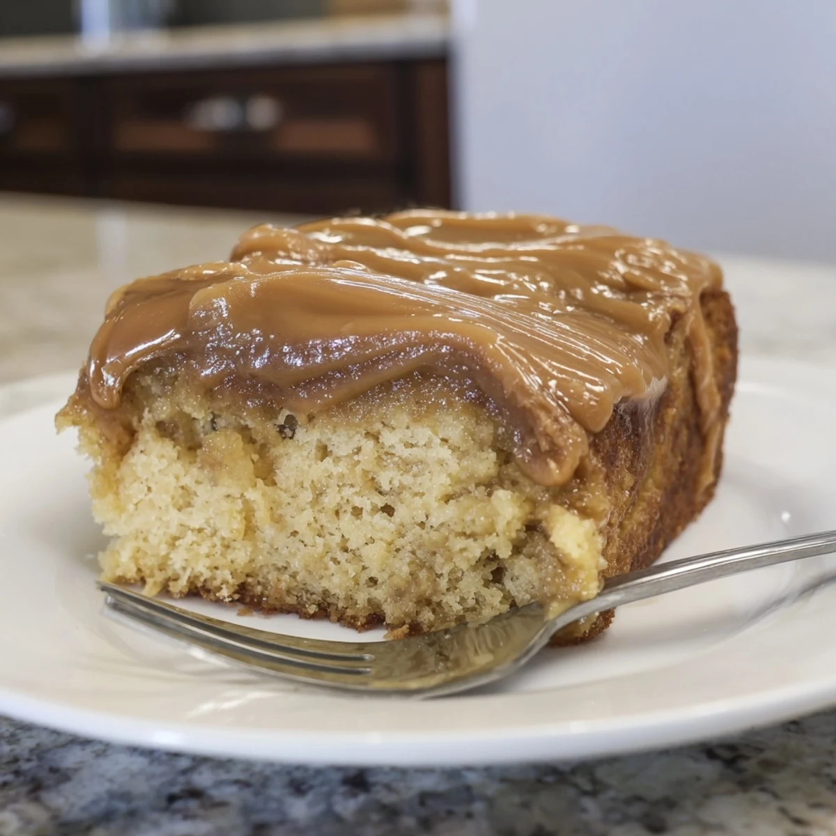 Moist Caramel Banana Root Beer Sheet Cake drizzled with rich caramel glaze.  