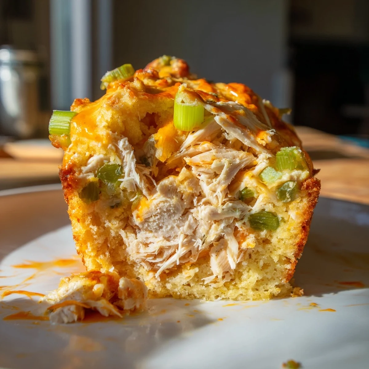 Savory Buffalo Chicken Spiced Muffin Loaf topped with melted cheddar cheese and scallions.