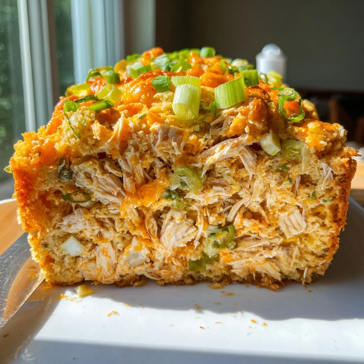 Moist Buffalo Chicken Spiced Muffin Loaf, perfect for snacks or game day gatherings.
