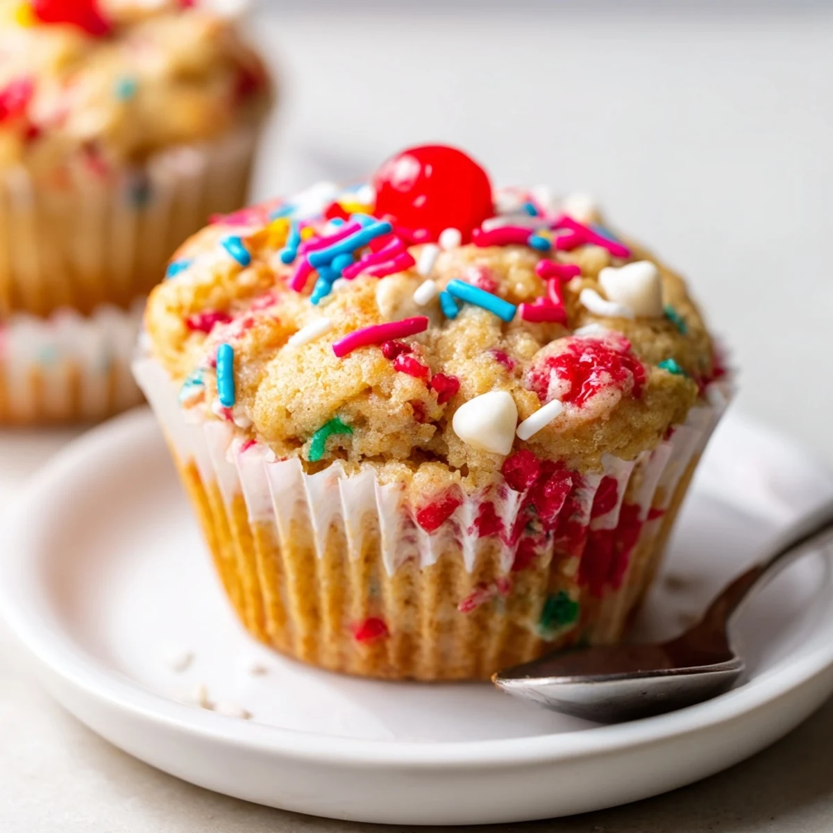 Colorful Funfetti Cherry Soda Cookie Muffins topped with rainbow sprinkles, perfect for dessert lovers.  
