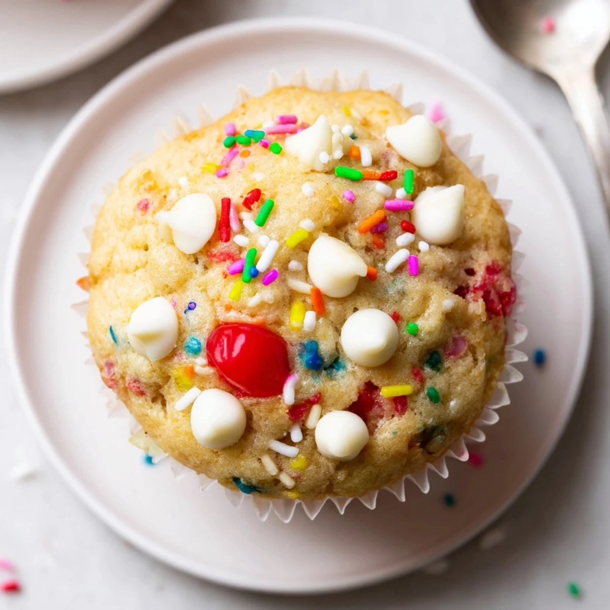 Moist cherry-flavored muffins bursting with sprinkles, ideal for festive baking occasions.  