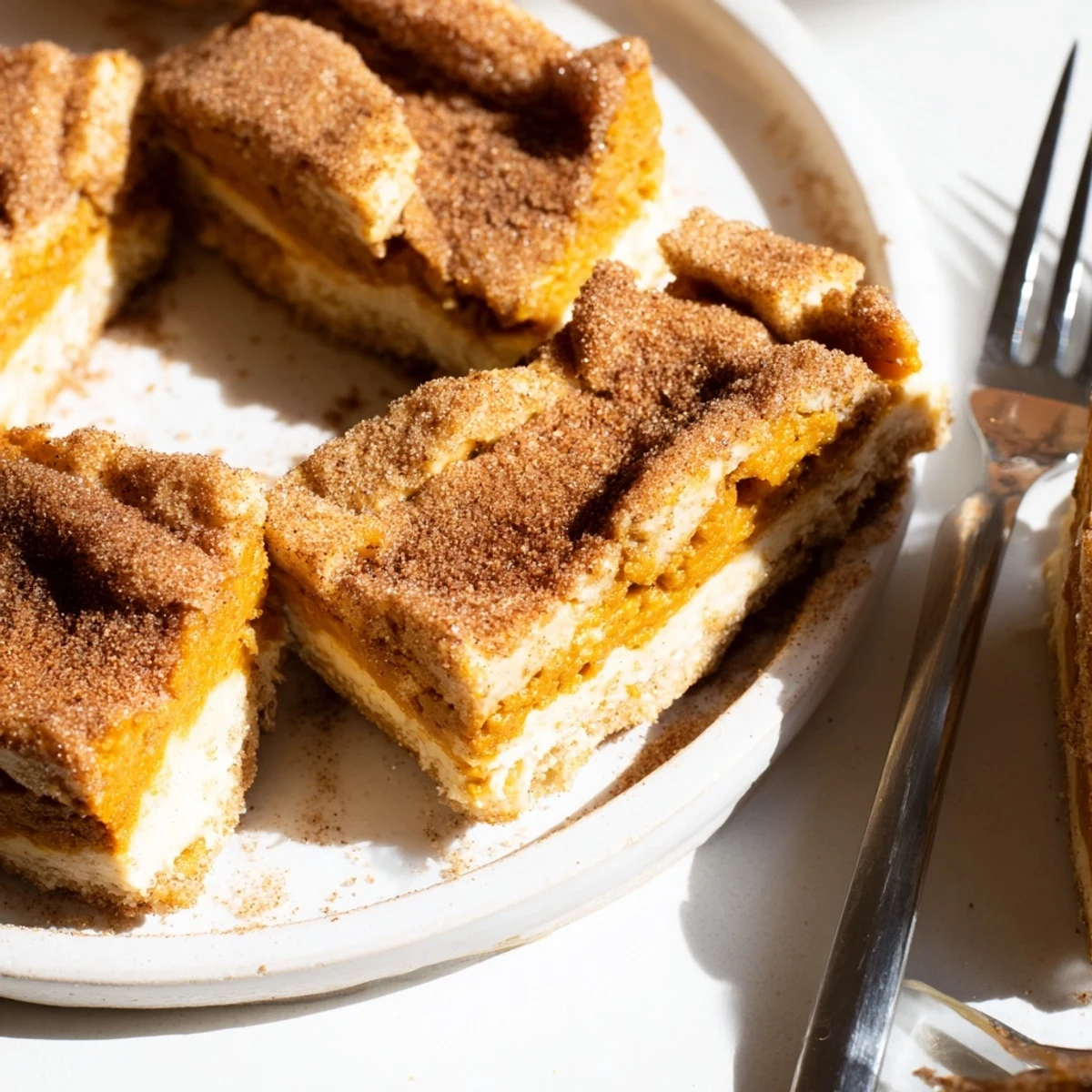 Creamy pumpkin cheesecake churro bars topped with cinnamon sugar, perfect for fall gatherings.  