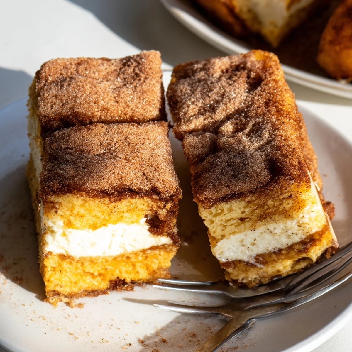 Delicious pumpkin cheesecake churro bars, golden crust, and rich textures await your taste buds.  