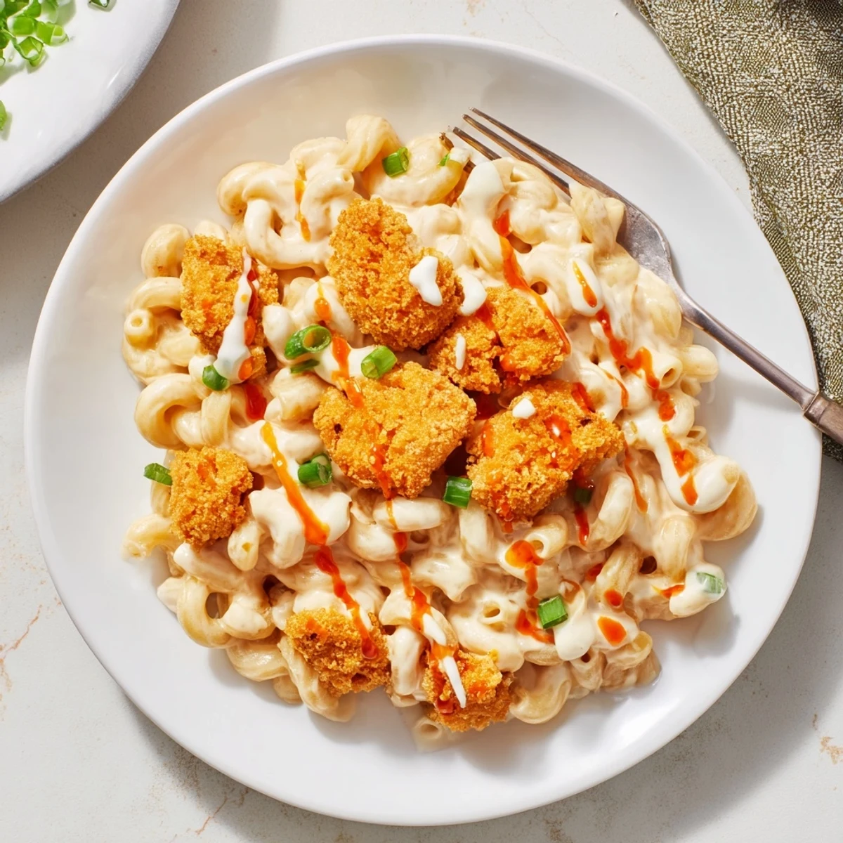 Indulge in creamy white cheddar mac and cheese with crispy chicken goodness.  