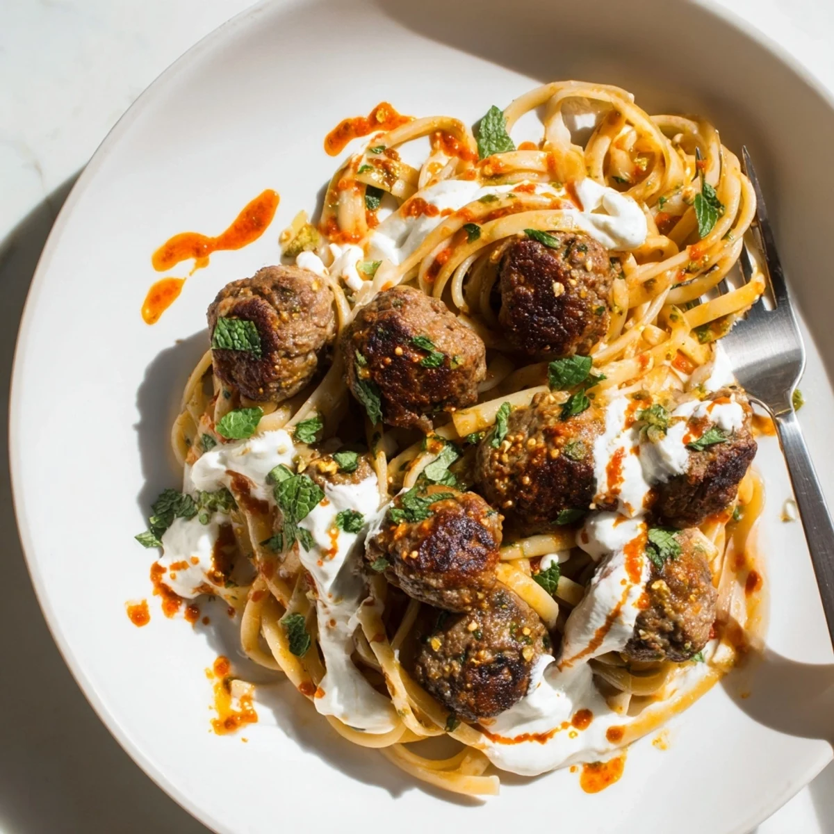 Moroccan-Spiced Meatball Pasta topped with creamy harissa sauce and fresh herbs.  