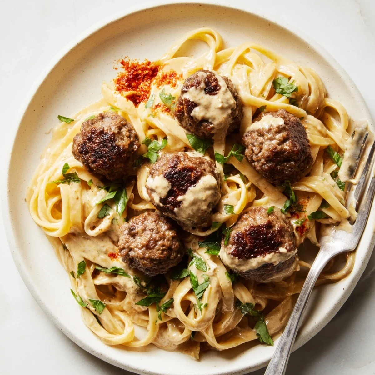 Delicious Moroccan-Spiced Meatball Pasta drizzled with tangy harissa cream and herbs.