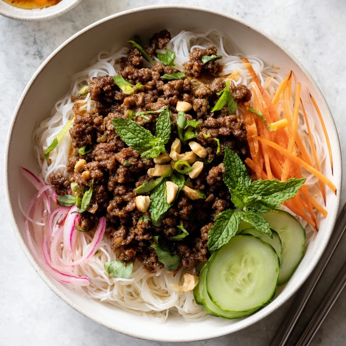 Delicious lemongrass beef noodle bowls featuring vibrant veggies and tasty nuoc cham.  