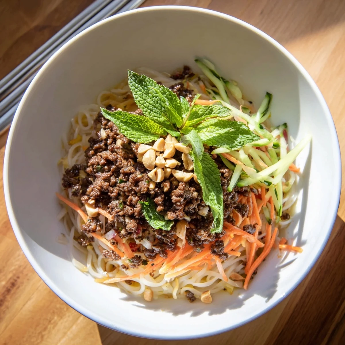 Savory lemongrass ground beef over rice noodles, garnished with pickled vegetables.