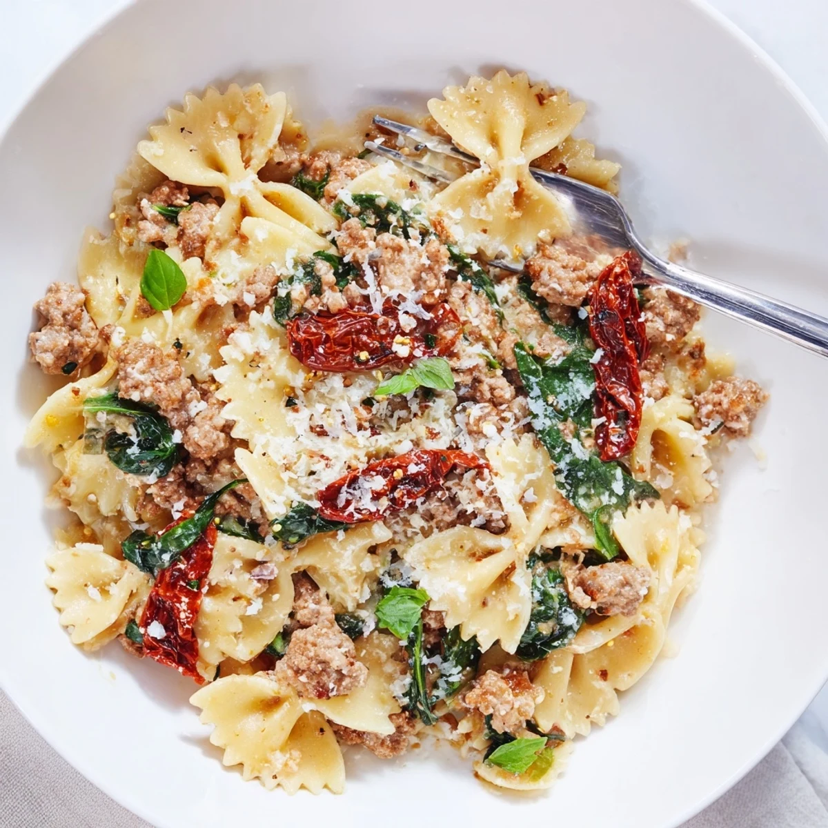 Hearty Tuscan Sun-Dried Tomato & Sausage Pasta Skillet, creamy and full of flavor.  